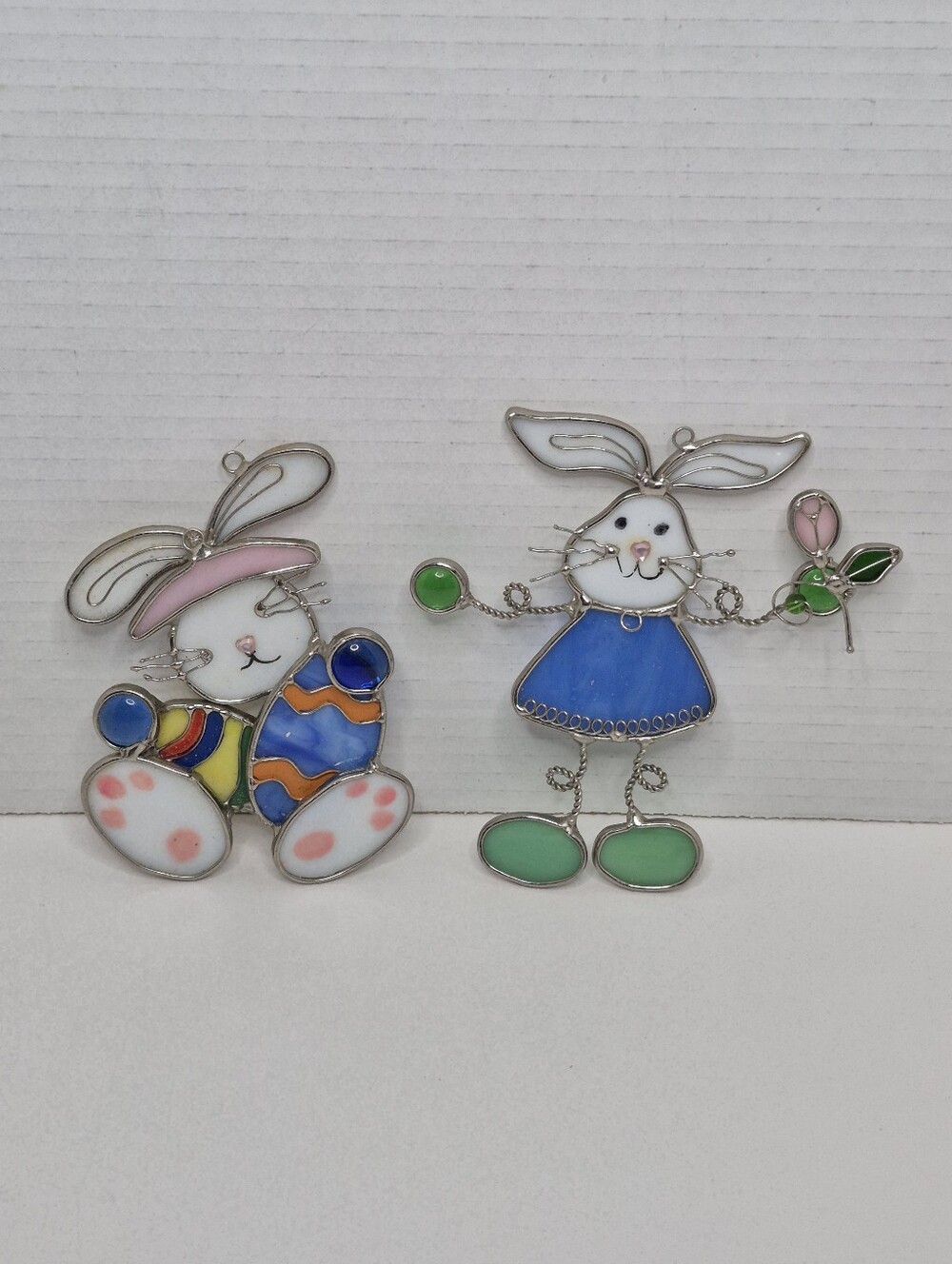 Two Easter Bunny Rabbit Vintage Stained Glass Suncatchers